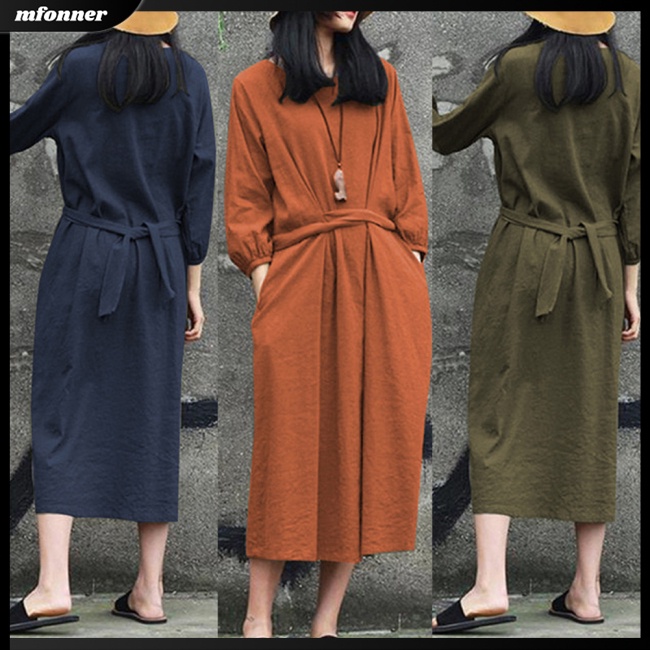 Đầm Midi Cotton Tay Dài Cổ Tròn Thắt Dây Eo Màu Sắc Trơn Phong Cách Nhật Bản Dành Cho Nữ