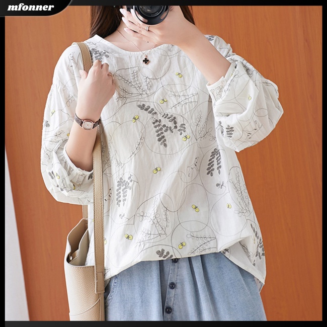 Áo Sơ Mi Cotton Lanh Chui Đầu Cổ Tròn Thêu Họa Tiết Xinh Xắn Thoải Mái Cho Nữ