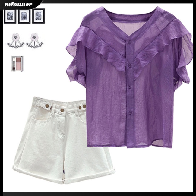 Áo Sơ Mi Voan Tay Ngắn Phồng Cổ Chữ V Thời Trang Dành Cho Nữ