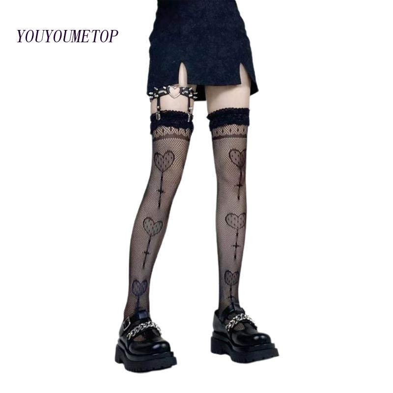 Vớ Lưới Dài Qua Gối Họa Tiết Kẹo Mút Trái Tim Đan Chéo Phong Cách Gothic Punk Gợi Cảm Cho Nữ YOUYO