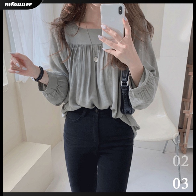Áo Sơ Mi Chiffon Tay Dài Cổ Vuông Dáng Rộng Màu Sắc Đơn Giản Thanh Lịch Dành Cho Nữ