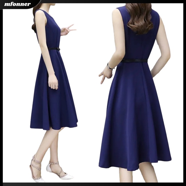 Đầm Midi Dáng Chữ A Không Tay Phối Thắt Lưng Thời Trang Cho Nữ