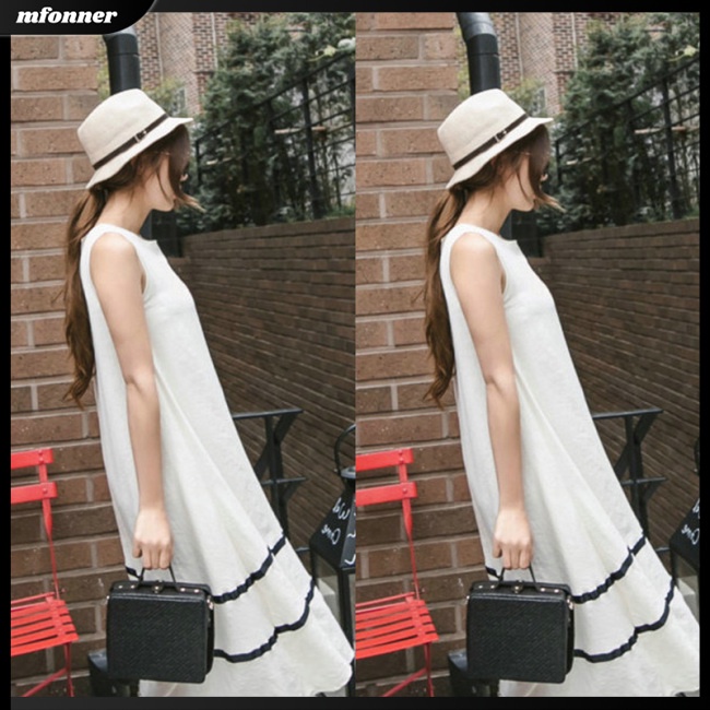 Đầm Sát Nách Dáng Rộng Vải Lụa Sữa In Họa Tiết Kẻ Sọc Cá Tính Cho Nữ