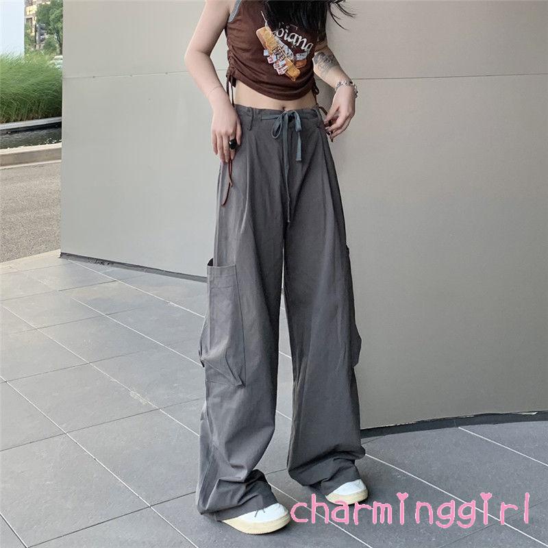 Quần Dài Dáng Suông Rộng Lưng Cao Màu Trơn Có Túi Và Dây Rút Cho Nữ