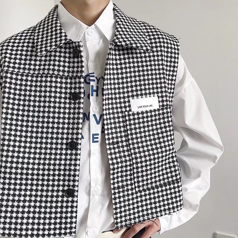 Áo Khoác Sát Nách Dáng Rộng In Họa Tiết Houndstooth Cá Tính Cho Nam