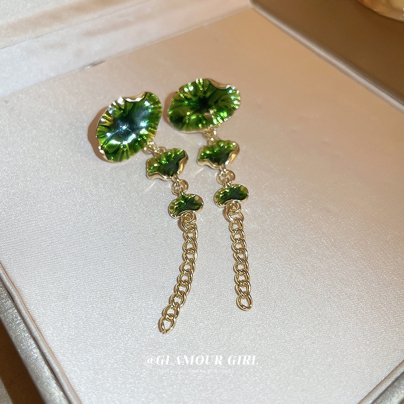 Bông Tai Dáng Dài Hình Lá Sen Màu Xanh Lá Cây Cổ Điển Cao Cấp Thời Trang Cho Nữ