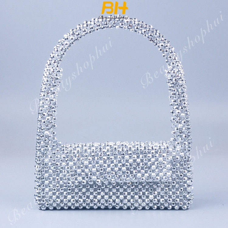 Túi Xách Đeo Vai Đính Hạt Acrylic Màu Bạc Phong Cách Mới