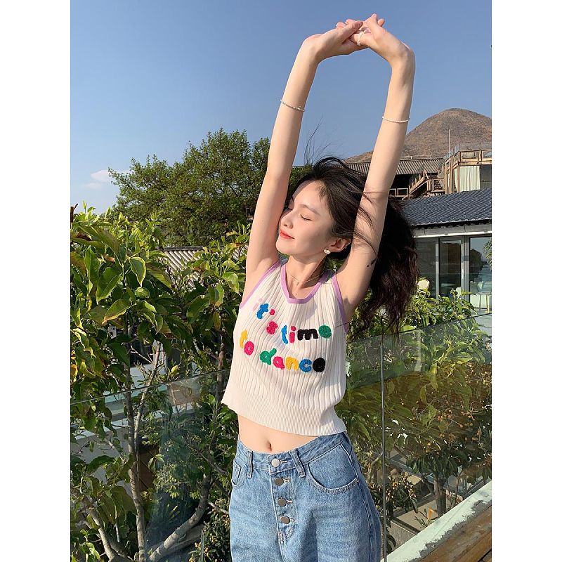 Áo Dệt Kim Sát Nách Dáng Ngắn In Họa Tiết Thời Trang Mùa Hè Phong Cách Hàn Quốc Cho Nữ