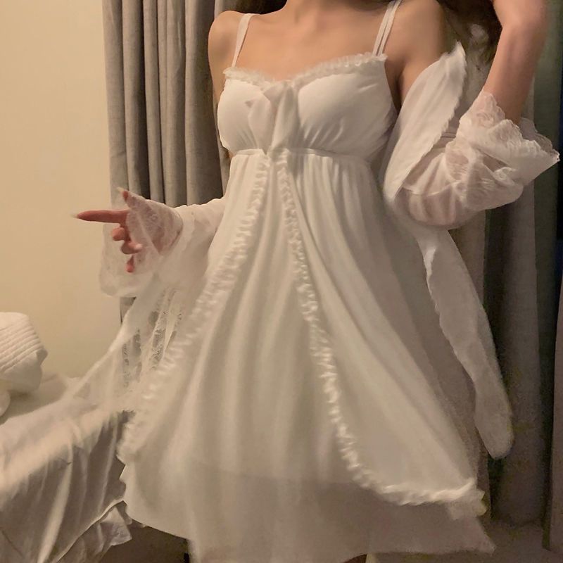 Bộ Đồ Ngủ Hai Dây Phối Ren Dáng Rộng Phong Cách Hàn Quốc Thời Trang Xuân Thu Cho Nữ