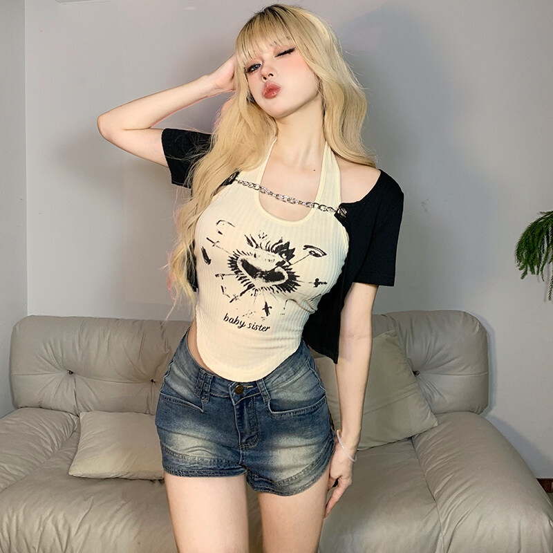 Kliou 2023 Mới Áo Thun Croptop Cổ Yếm In Họa Tiết Hoạt Hình Dễ Thương Thời Trang Mùa Hè 2023 Cho Bạn Gái