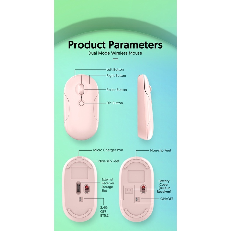 Chuột Bluetooth 2.4G BT5.2 Không Dây Hai Chế Độ Yên Tĩnh Cho PC Laptop Notebook