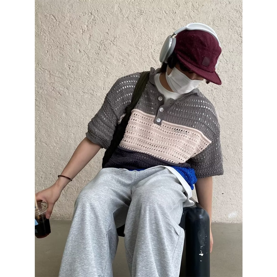 Áo Dệt Kim Tay Ngắn Kẻ Sọc Nhiều Màu Sắc Thoáng Khí Thời Trang Cho Nam