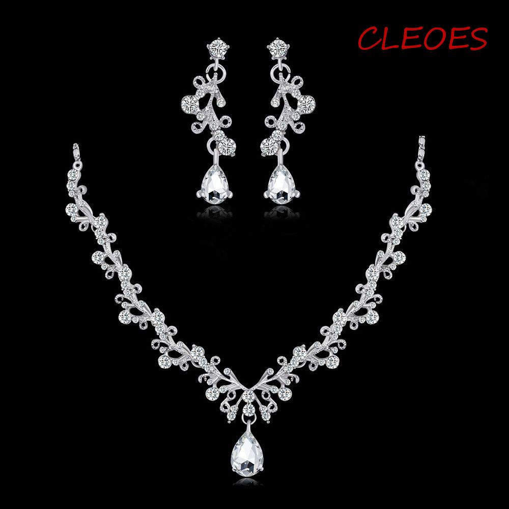 Bộ Trang Sức Mạ Bạc Đính Đá Hình Giọt Nước Thanh Lịch Dành Cho Nữ|Phụ Kiện Đầm Cưới Cô Dâu Sang Trọng Quý Phái