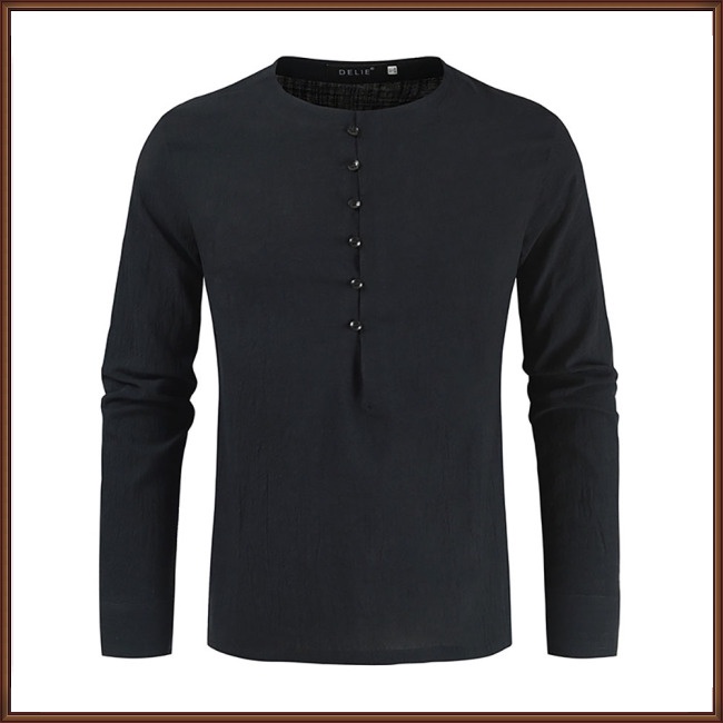 Áo Sơ Mi Cotton Lanh Cổ Tròn Tay Dài Màu Trơn Thời Trang Mùa Hè Cho Nam Giới