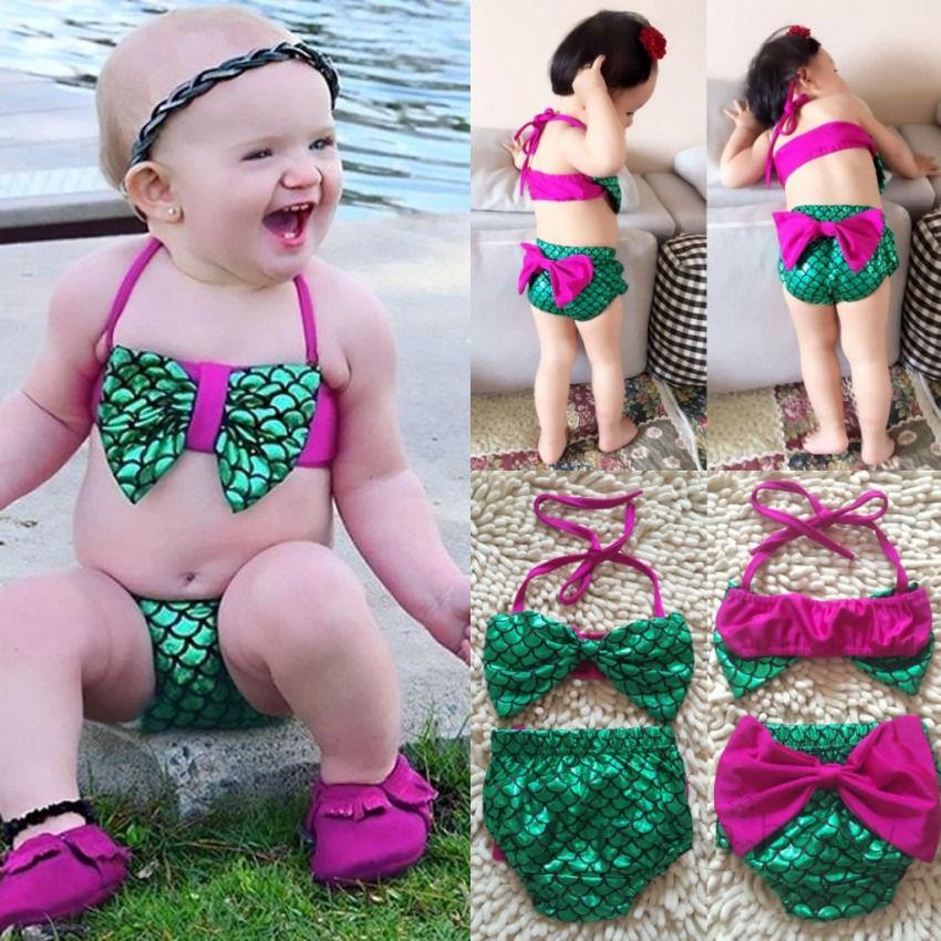 Bộ Đồ Bơi Bikini 2 Mảnh Không Tay Họa Tiết Nàng Tiên Cá Đính Nơ Cho Bé Gái 0-24 Tháng Tuổi