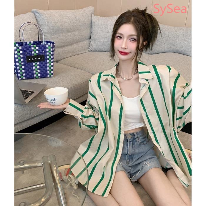 Áo Sơ Mi Kẻ Sọc Dáng Rộng Thời Trang Mùa Hè Hàn Quốc Cho Nữ