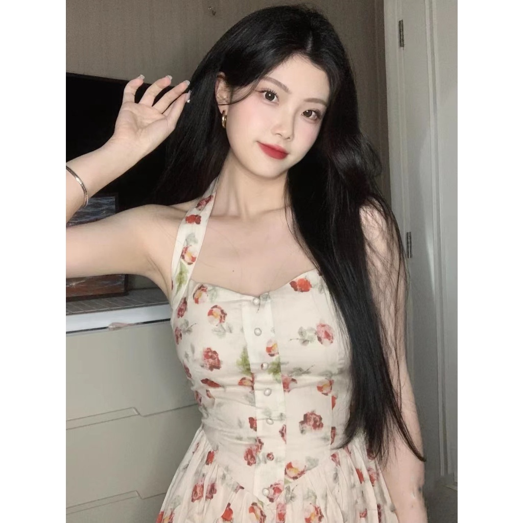 Đầm Hai Dây Họa Tiết Hoa Hồng Phong Cách Pháp Cổ Điển Thời Trang Mùa Hè