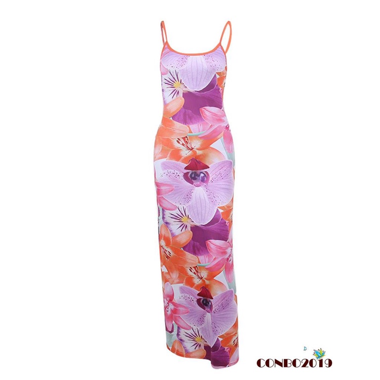 Đầm Dài Hai Dây Hở Lưng Khoét Sâu Họa Tiết Hoa Thời Trang Mùa Hè Cho Nữ