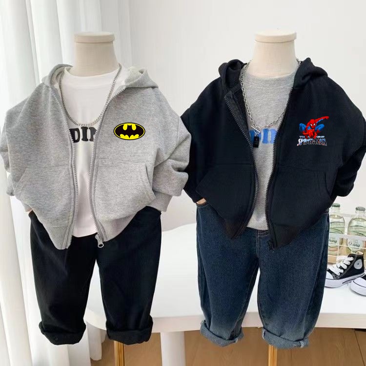 Áo Khoác Hoodie Tay Dài Có Khóa Kéo In Hình Spiderman Batman Cho Bé Trai