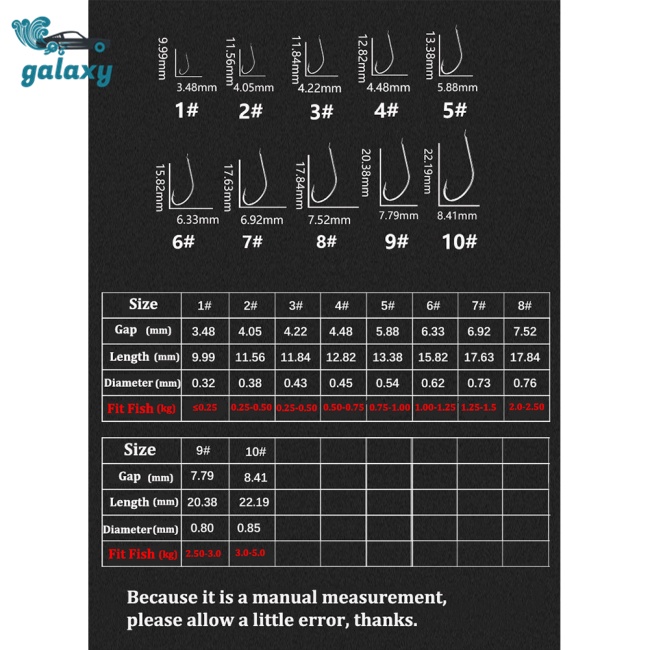 Galaxy Bộ 50 Móc Thép Cacbon Chất Lượng Cao 1#-10# Móc Câu Cá Cán Dài Chuyên Dụng Chất Lượng Cao