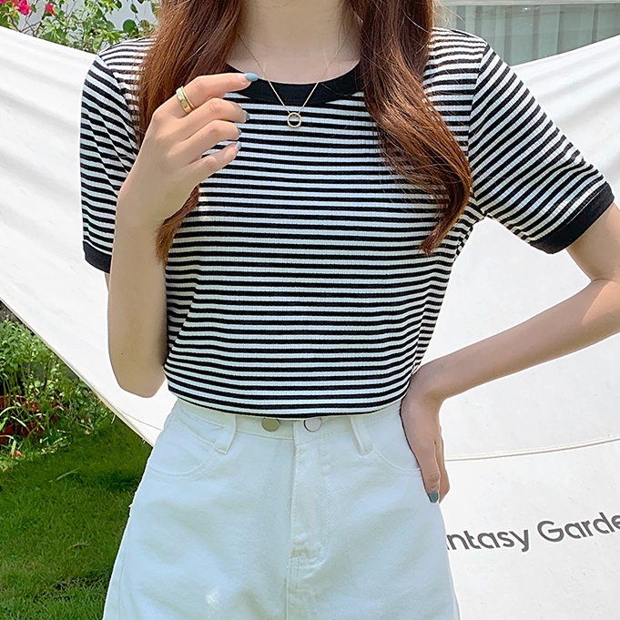 Áo thun SUXI tay ngắn cổ tròn họa tiết kẻ sọc phong cách cổ điển dành cho nữ