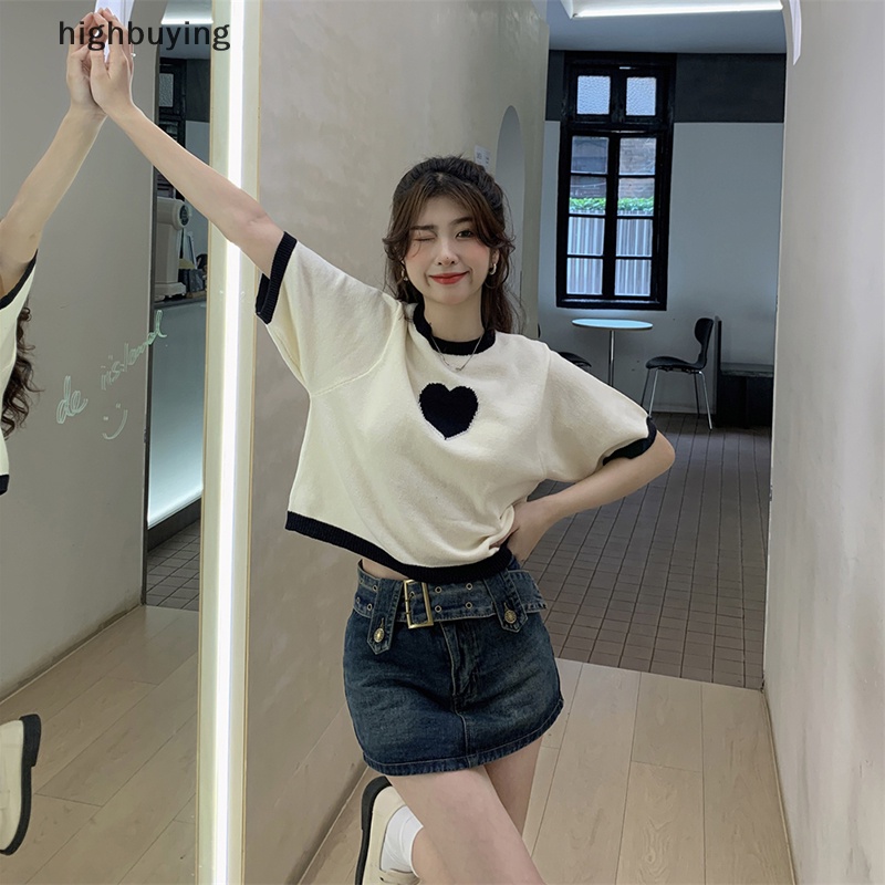 Áo Thun Croptop Dệt Kim Tay Ngắn Cổ Tròn Dáng Rộng In Hình Trái Tim Thời Trang Mùa Hè Cho Nữ