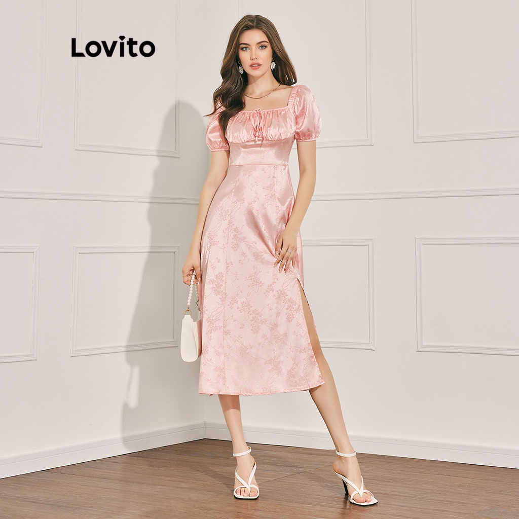 Đầm LOVITO dệt jacquard cắt xẻ thắt dây họa tiết hoa thanh lịch dành cho nữ L47LD039