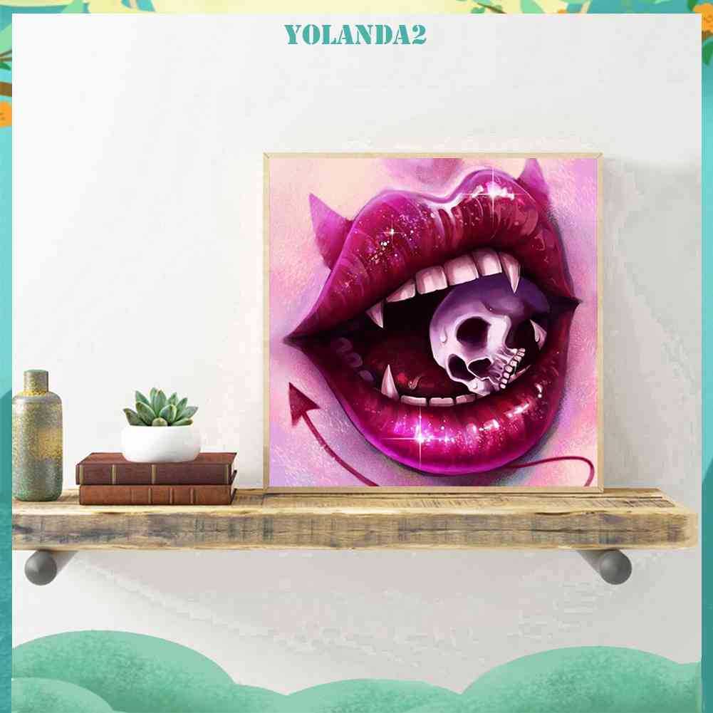 Tranh Đính Đá Kim Cương Toàn Diện Hình Đầu Lâu Môi Đỏ Trang Trí Phòng