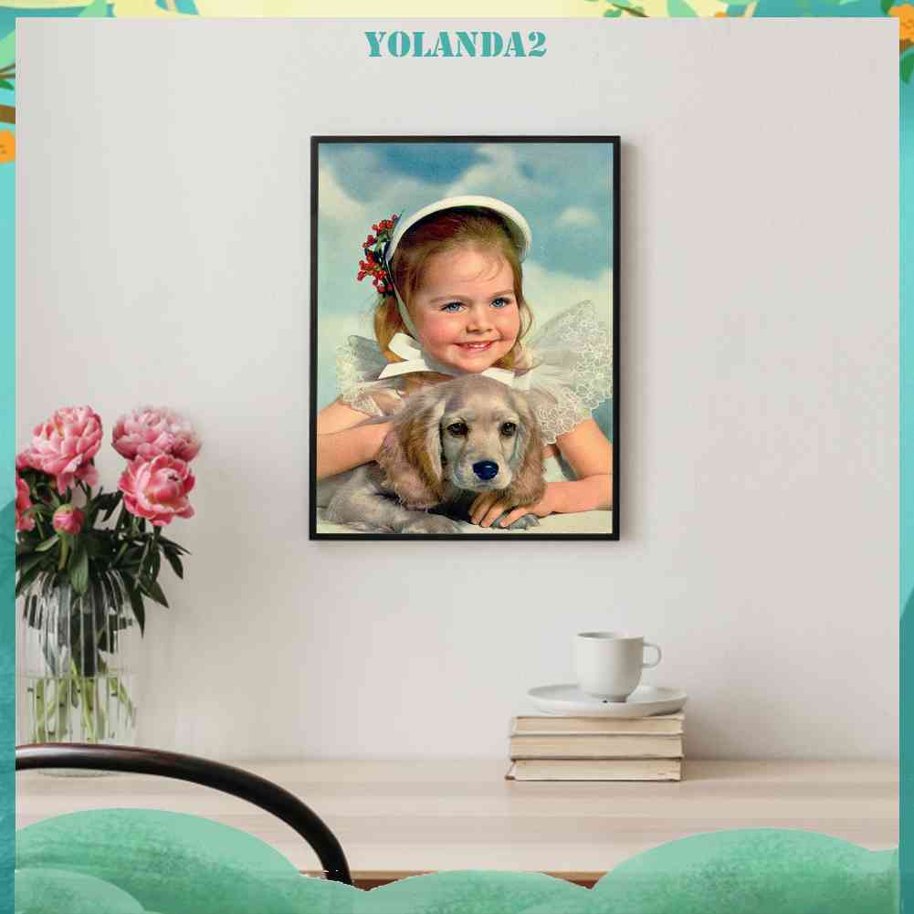 Tranh Đính Đá Kim Cương Toàn Bộ 5D DIY Hình Vẽ Chó Bé Gái Trang Trí Tường