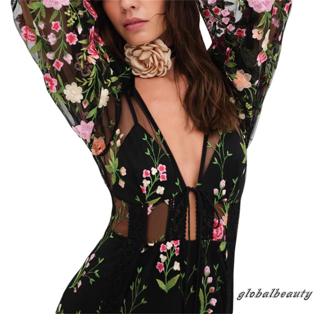 Đầm Dài Tay Cổ Chữ V Hở Lưng Họa Tiết Hoa Thời Trang Mùa Hè Cho Nữ
