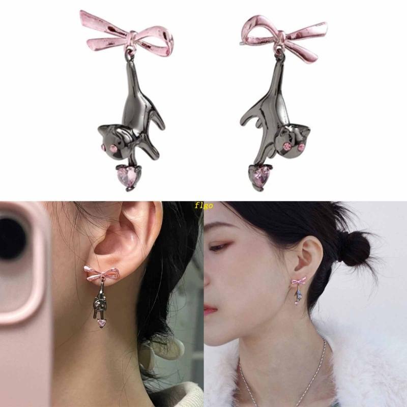 Flgo Khuyên Tai Hình Mèo Đen Thắt Nơ Hồng Phong Cách Hàn Quốc Cá Tính Dùng Làm Quà Tặng Sinh Nhật Năm Mới