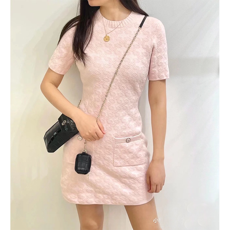 Maje spring new pink gentle girl style concave-convex Jacquard knitted dress 000