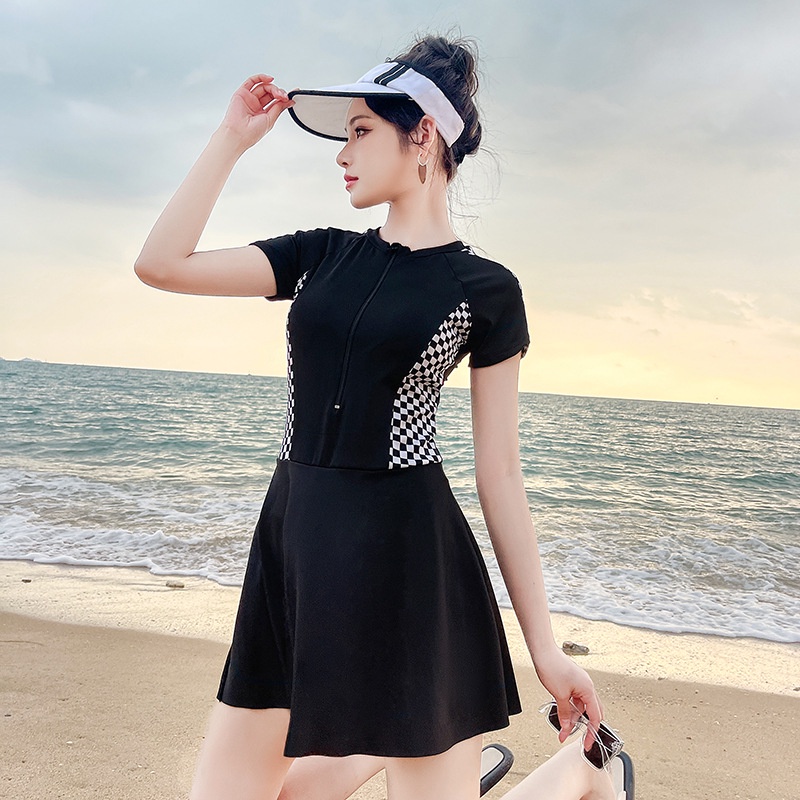 Đầm Bơi Một Mảnh Tay Ngắn Họa Tiết Sọc Caro Phong Cách Thể Thao Thời Trang Cho Nữ