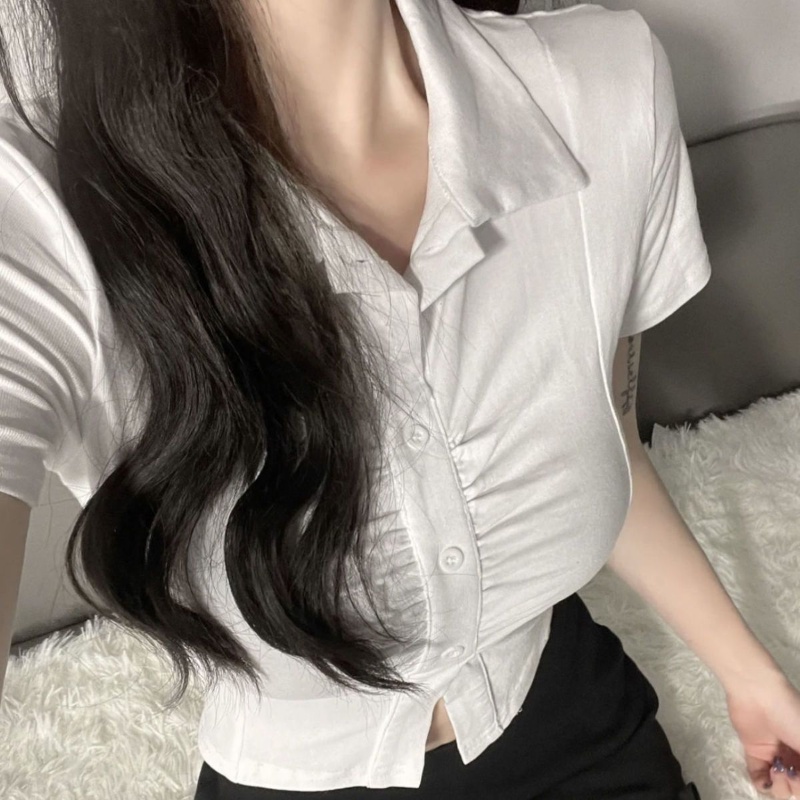 COZOK Áo Sơ Mi Ngắn Tay Cổ Bẻ Xếp Ly Eo Thắt Dây Phong Cách