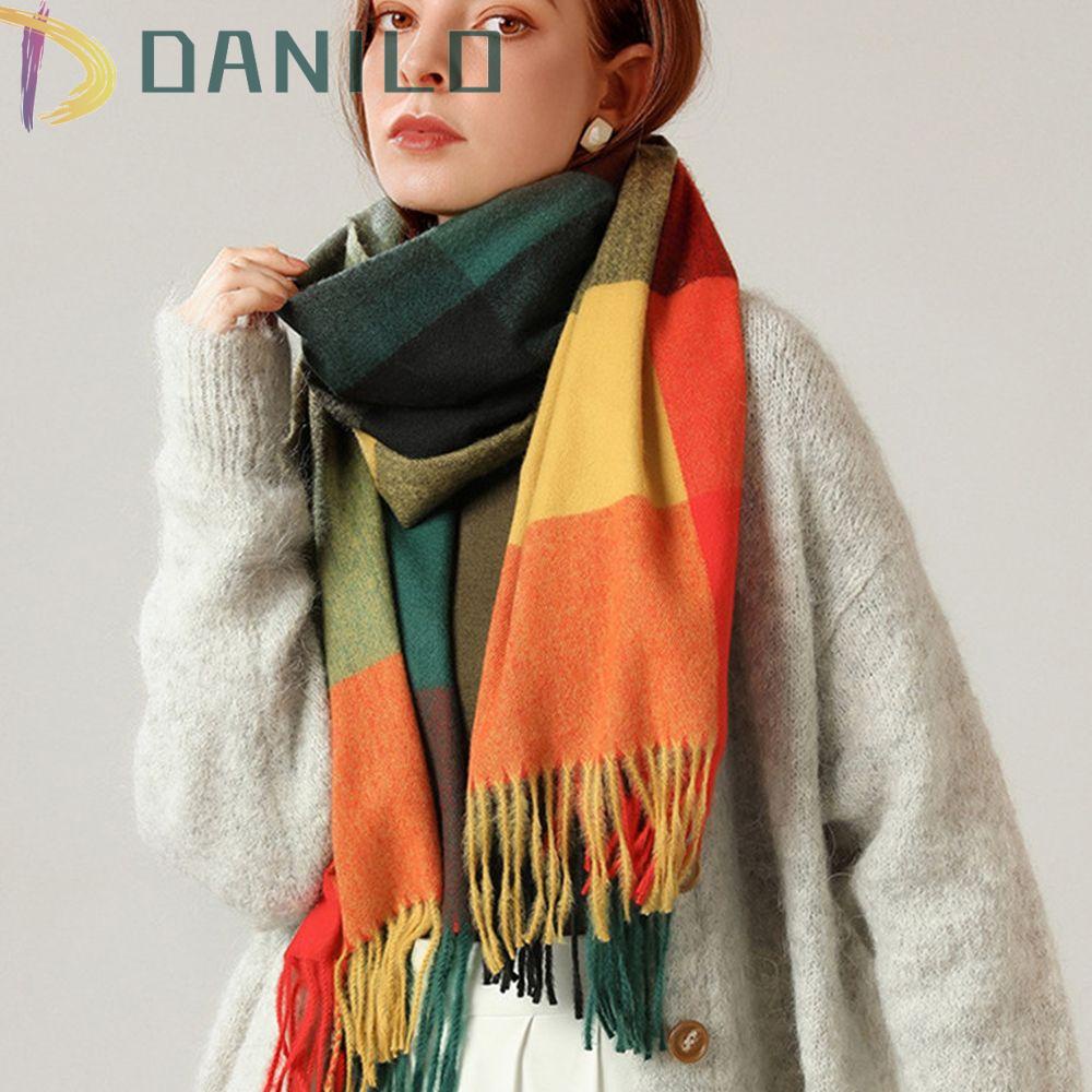 Khăn Choàng Cổ Pashmina Họa Tiết Sọc Caro Phối Tua Rua Thời Trang Thu Đông Sang Trọng Cho Nữ