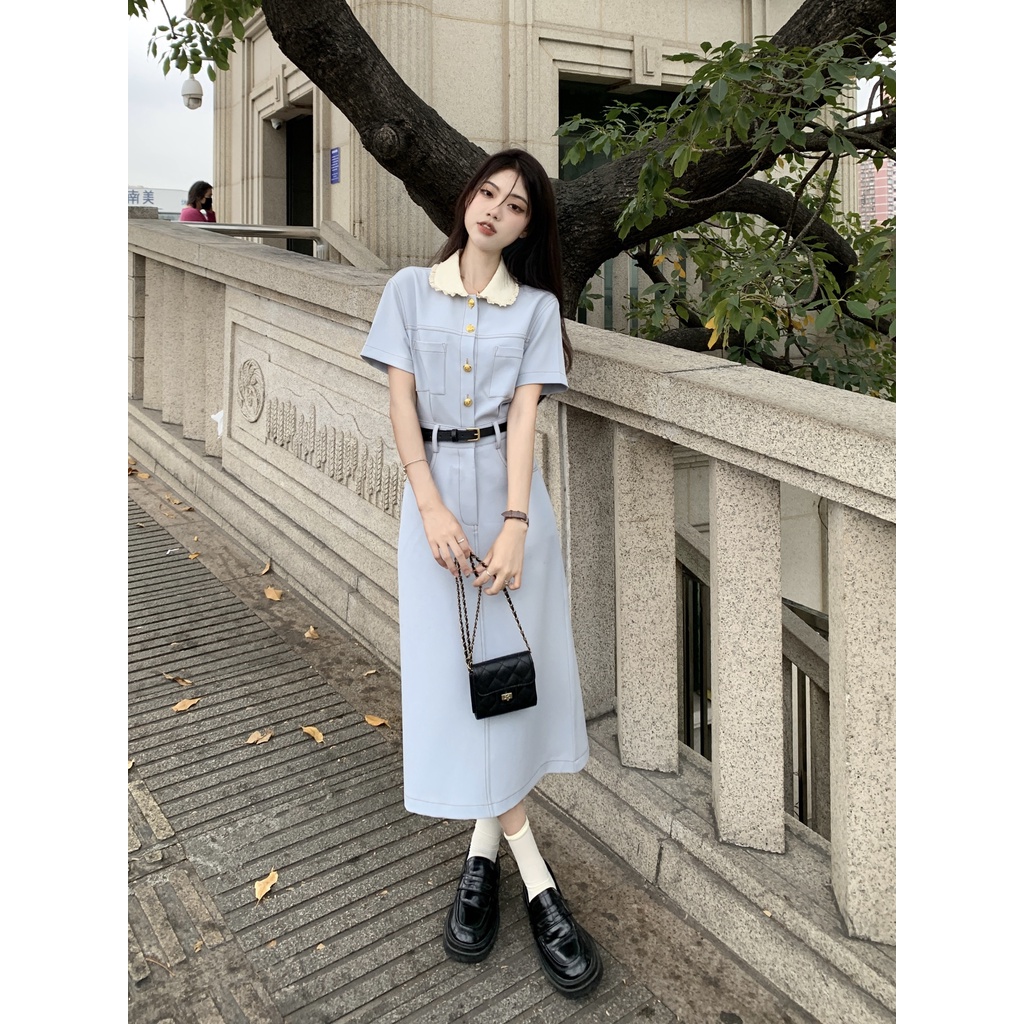 Đầm Dài Dáng Chữ A Tay Ngắn Cổ Búp Bê Màu Trơn Dễ Phối Đồ Thời Trang Cho Nữ