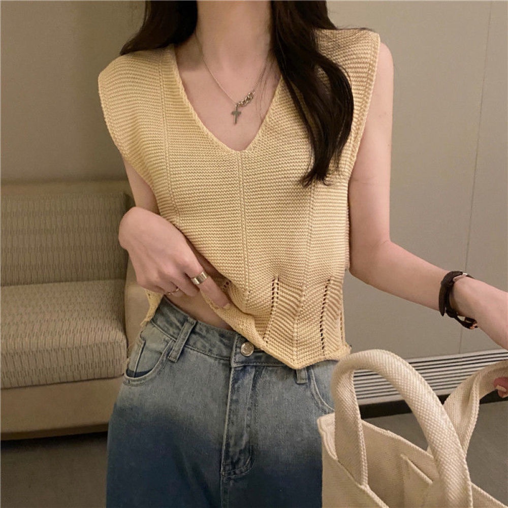 Áo Dệt Kim Sát Nách Dáng Rộng Cổ Chữ V Khoét Sâu Phong Cách Hàn Quốc Thời Trang Mùa Hè Cho Nữ