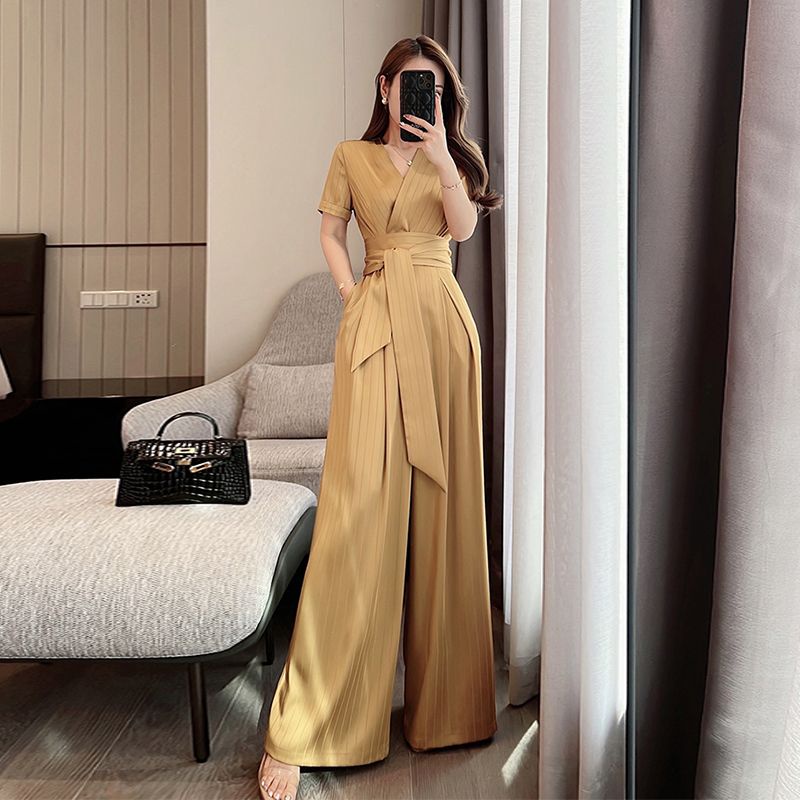 Design striped one-piece jumpsuit lace-up high waist straight casual wide leg jumpsuit for women