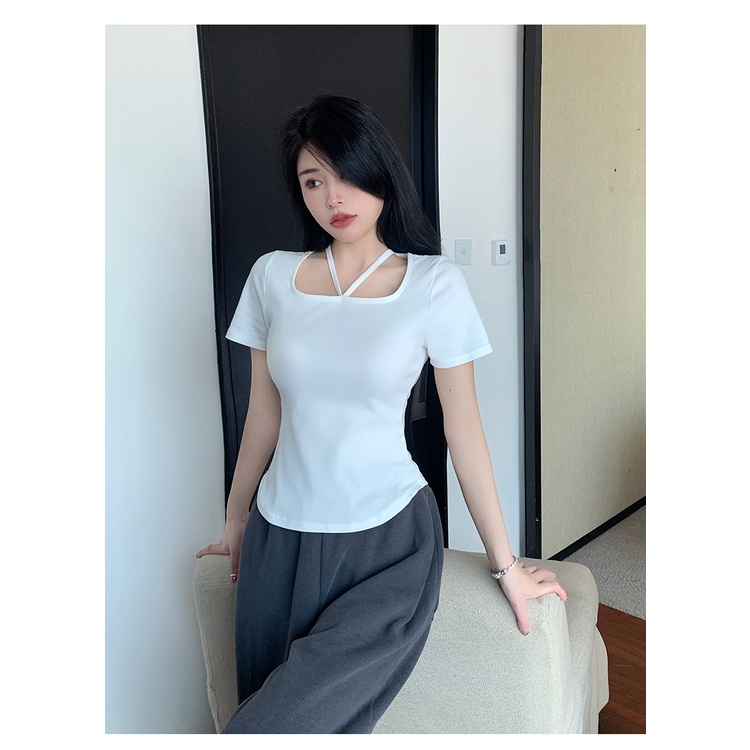 SUXI Áo Thun Tay Ngắn Cổ Vuông Màu Trơn Thời Trang Mùa Hè Cho Nữ