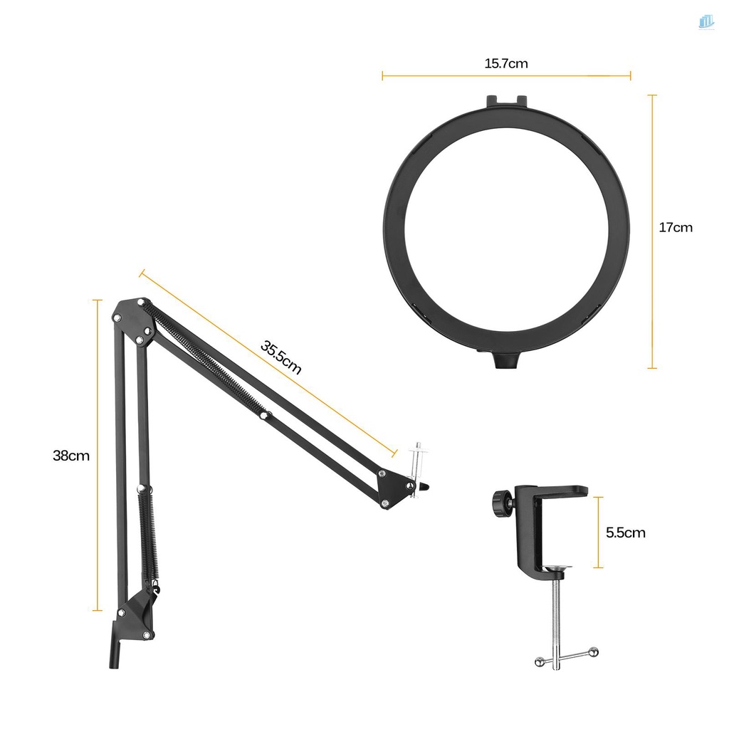 Bộ Đèn LED Tròn 6 Inch Andoer 2 * 5600K USB Kèm Giá Đỡ Kim Loại Để Bàn + 2 Đế Kim Loại Linh Hoạt