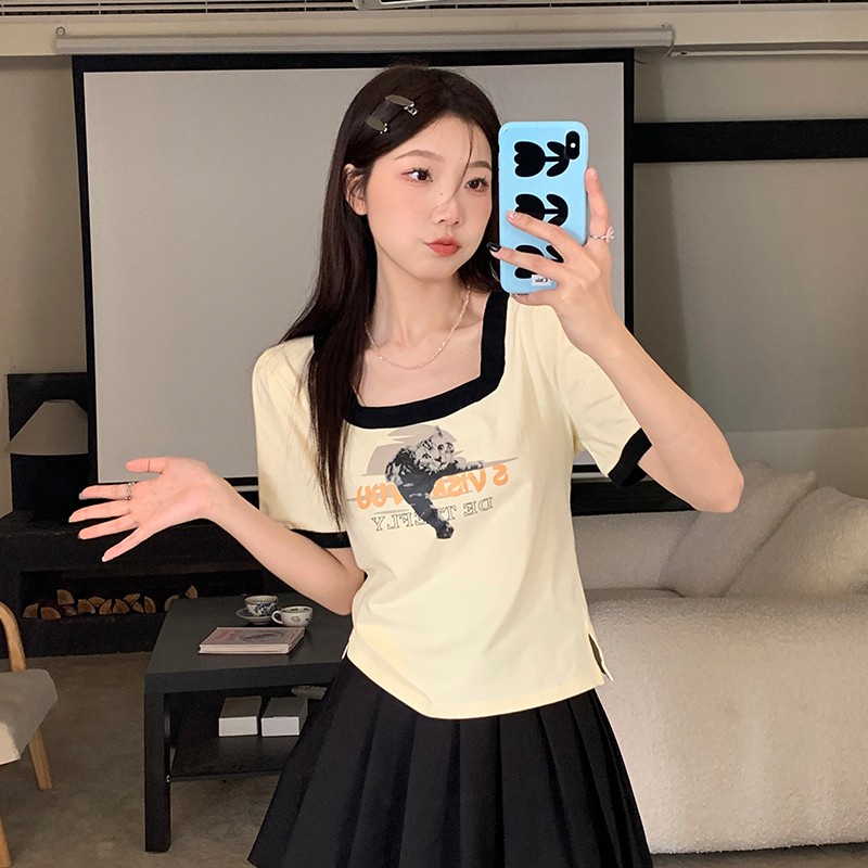 Áo Thun Tay Ngắn Cổ Vuông In Hình Mèo Màu Tương Phản Thời Trang Mùa Hè Cho Nữ