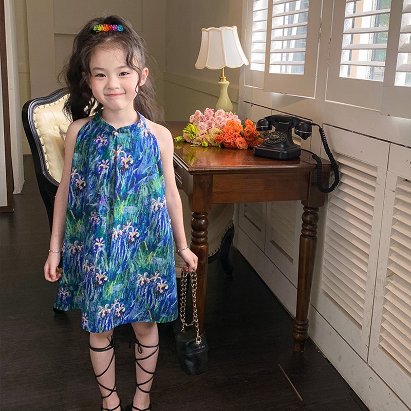 Đầm Hai Dây Đính Ngọc Trai Họa Tiết Tranh Sơn Dầu Thời Trang Mùa Hè Cho Bé Gái 1-6 Tuổi