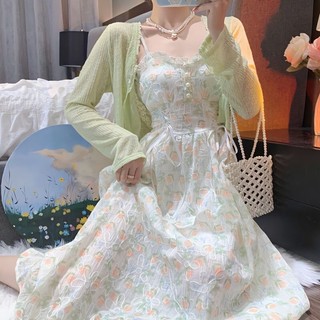 Cộng với kích thước nữ Sâm hệ mối tình đầu váy dây đeo váy bộ nữ mỏng chống nắng cardigan hiển thị gầy váy hai mảnh