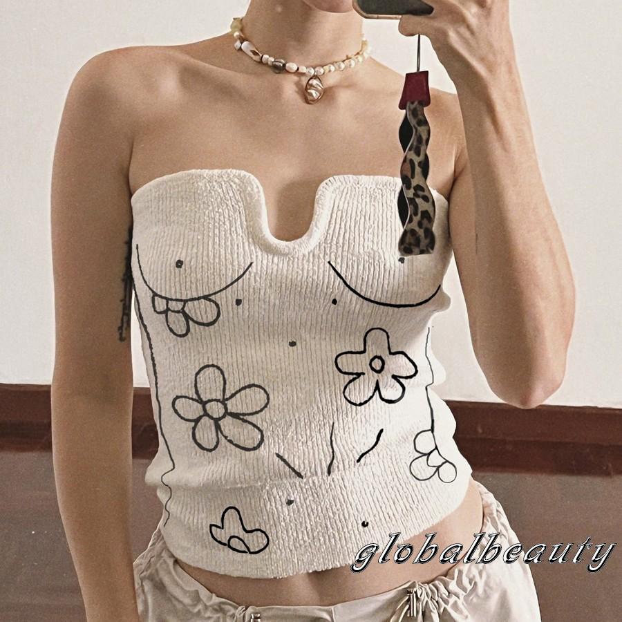 Áo Ống Dệt Kim Không Dây Cổ Chữ U Thêu Họa Tiết Thời Trang Mùa Hè Dành Cho Bạn Nữ