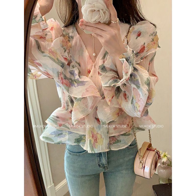 Áo Sơ Mi Chiffon Tay Dài Cổ Chữ V Phối Bèo In Họa Tiết Hoa Phong Cách Thời Trang Mới Dành Cho Nữ
