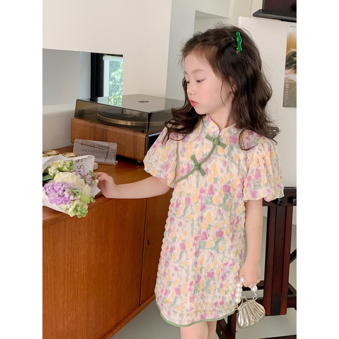 Đầm Sườn Xám In Họa Tiết Hoa Phong Cách Trung Quốc Thời Trang Mùa Hè 2023 Dành Cho Bé Gái