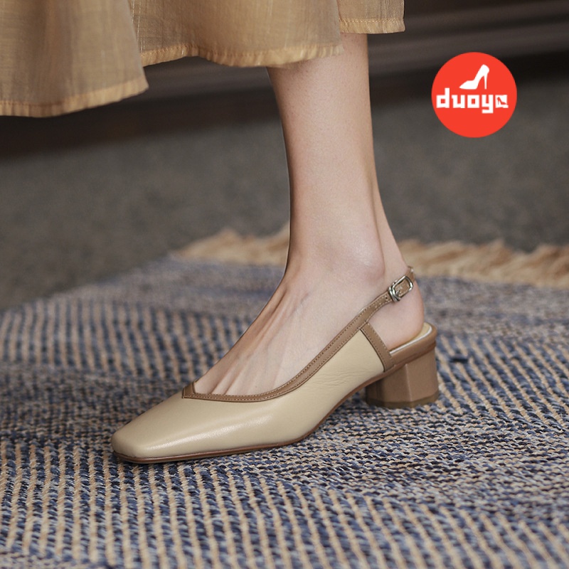 Duoya Factory~[Hàng Có Sẵn] Giày Da Đế Dày Hở Ngón Chống Mài Mòn Gót Dày Đơn Giản Cổ Điển Màu Bạc Đính Đá Thạch Anh Phong Cách Mùa Xuân Hè Chống Va Đập