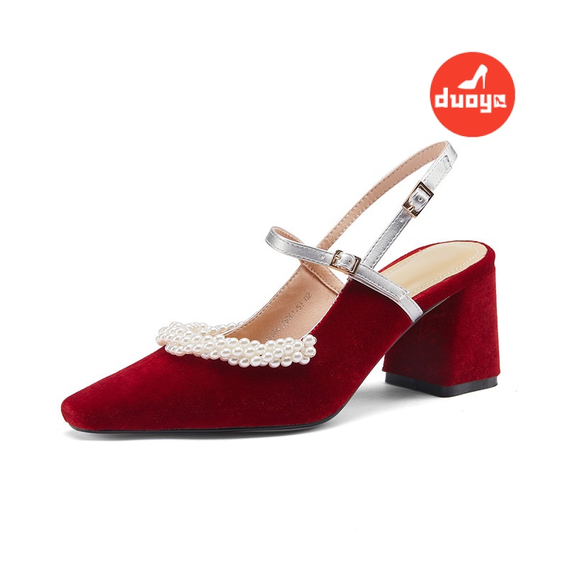 Duoya Tóc Thẳng ~ [Hàng Có Sẵn] Giày Cao Gót Dày Mũi Vuông Mary Jane Baotou Miễn Phí Vận Chuyển Cho Nữ