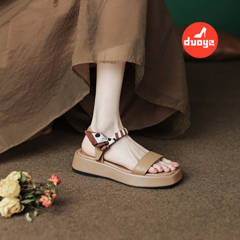 Duoya Tóc Thẳng ~ [Hàng Có Sẵn] Giày Sandal Da Thật Đế Phẳng Dày Quai Ngang Dễ Phối Đồ Cho Nữ Miễn Phí Vận Chuyển