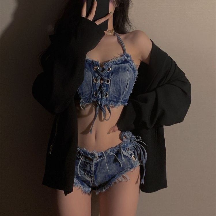 Bộ Đồ Bơi Nâng Ngực Vải Denim Phong Cách Âu Mỹ Quyến Rũ Cho Nữ